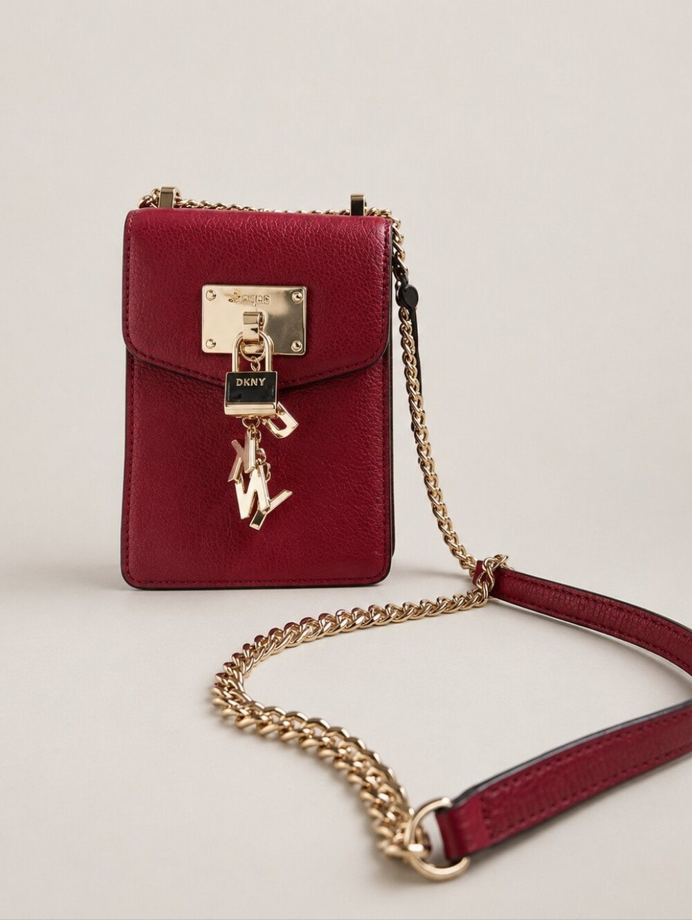 Dkny Cherry Red Leather Mini Crossbody with Gold Chain